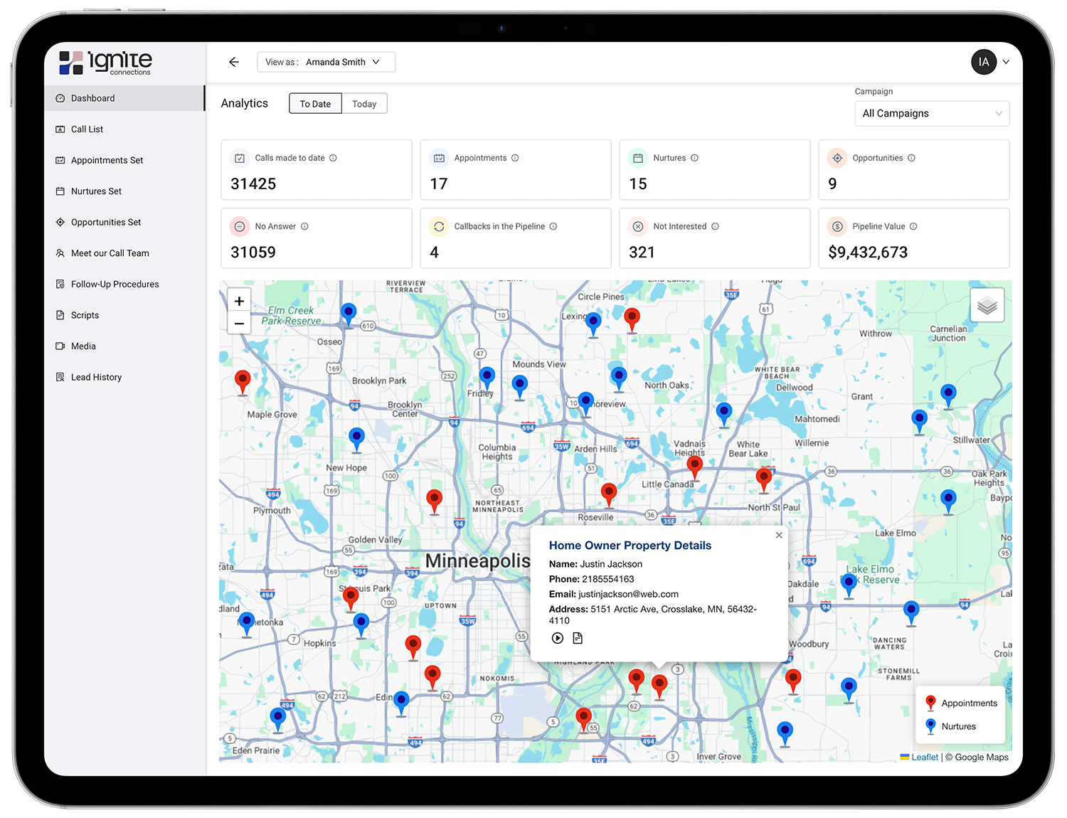 Ignite Connections platform dashboard shown on iPad, with call activity metrics and territory map